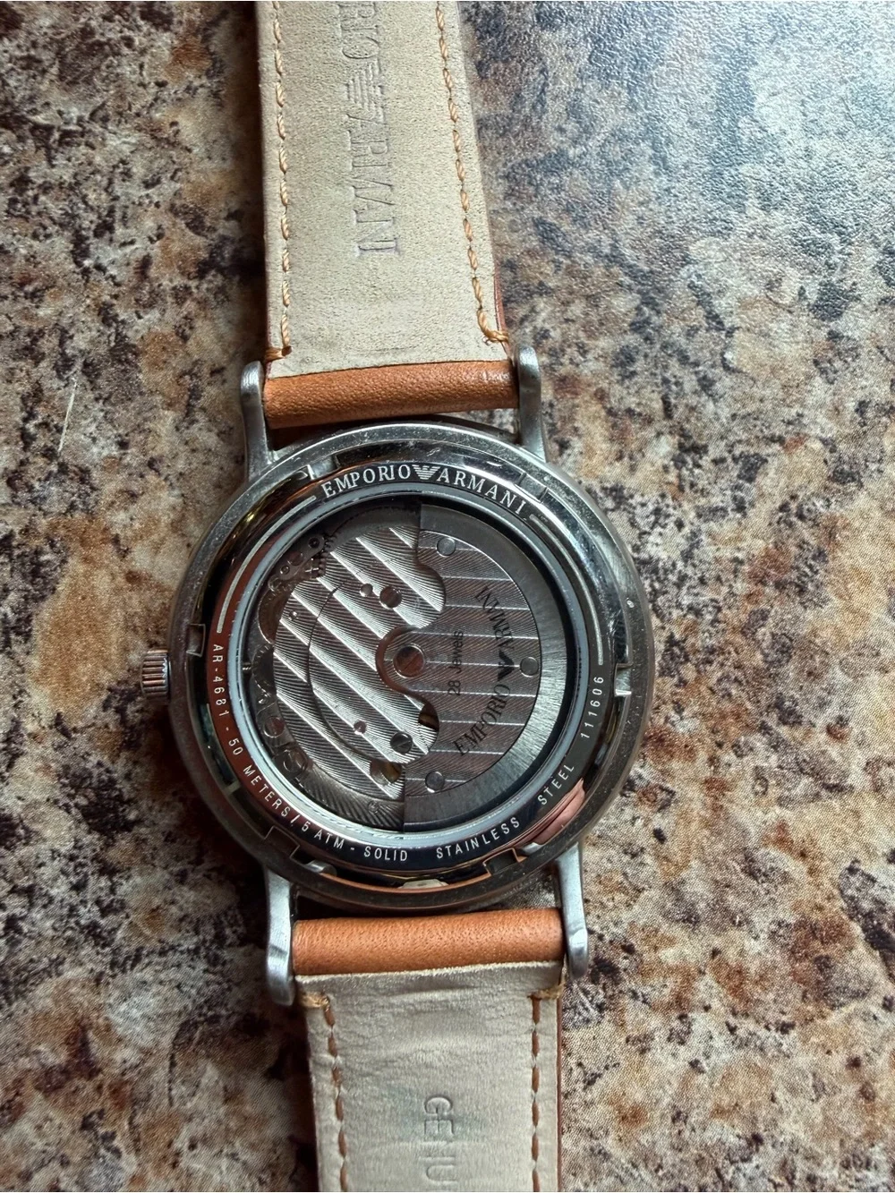 Emporio Armani Men's Watch Brown Tan Leather Strap Silver Dial